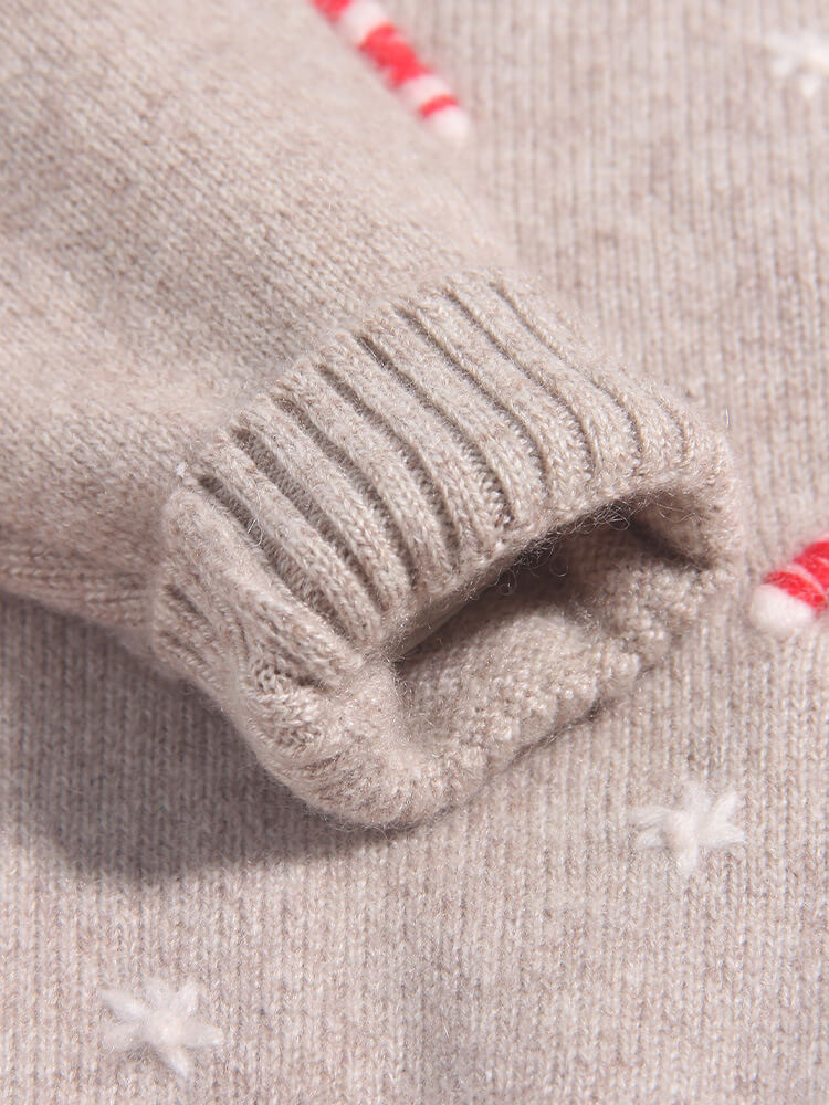 Kids Soft Cashmere Holiday Sweater with Candy Cane and Snowflake